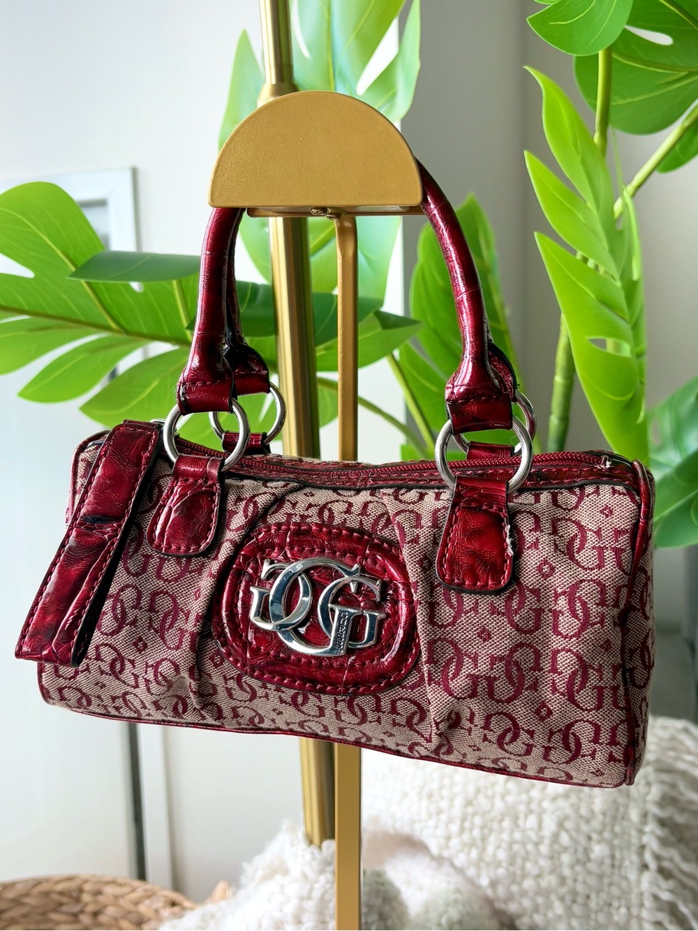 Vintage GUESS Cherry Red Monogram Y2K Faux Croc Mini Bowler Handbag Satchel